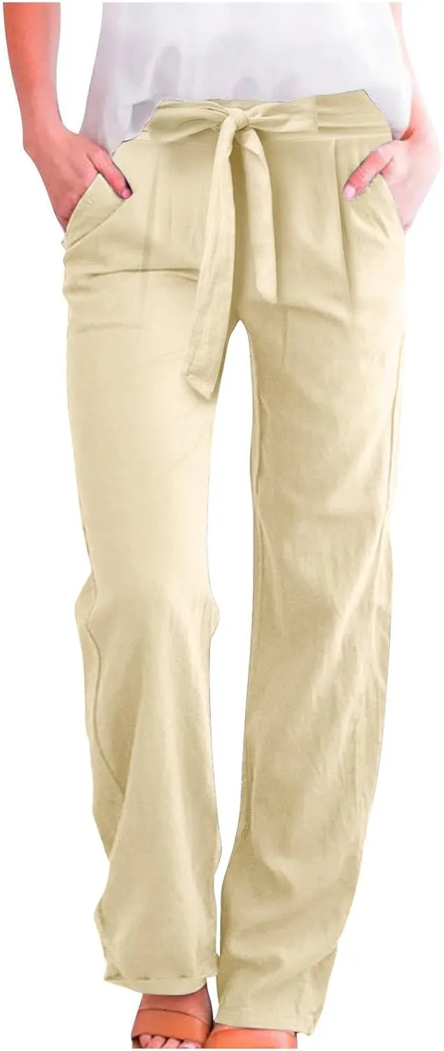 Women's Linen Summer Split Flowy Palazzo Lounge Pants Elastic Waisted Ankle Length Slim Fit Palazzo Lounge