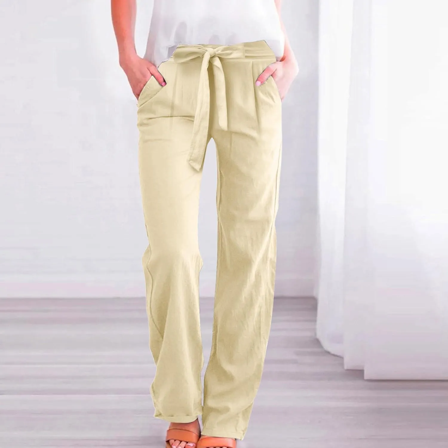 Women's Linen Summer Split Flowy Palazzo Lounge Pants Elastic Waisted Ankle Length Slim Fit Palazzo Lounge