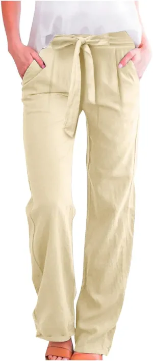 Women's Linen Summer Split Flowy Palazzo Lounge Pants Elastic Waisted Ankle Length Slim Fit Palazzo Lounge