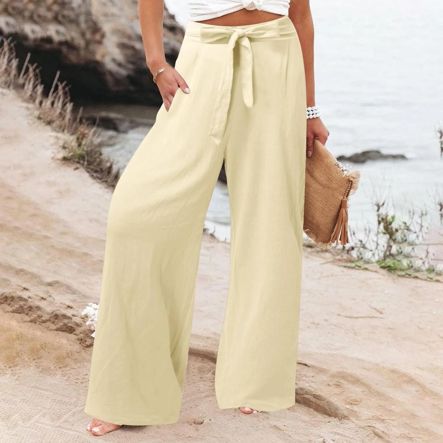 Women's Linen Summer Split Flowy Palazzo Lounge Pants Elastic Waisted Ankle Length Slim Fit Palazzo Lounge