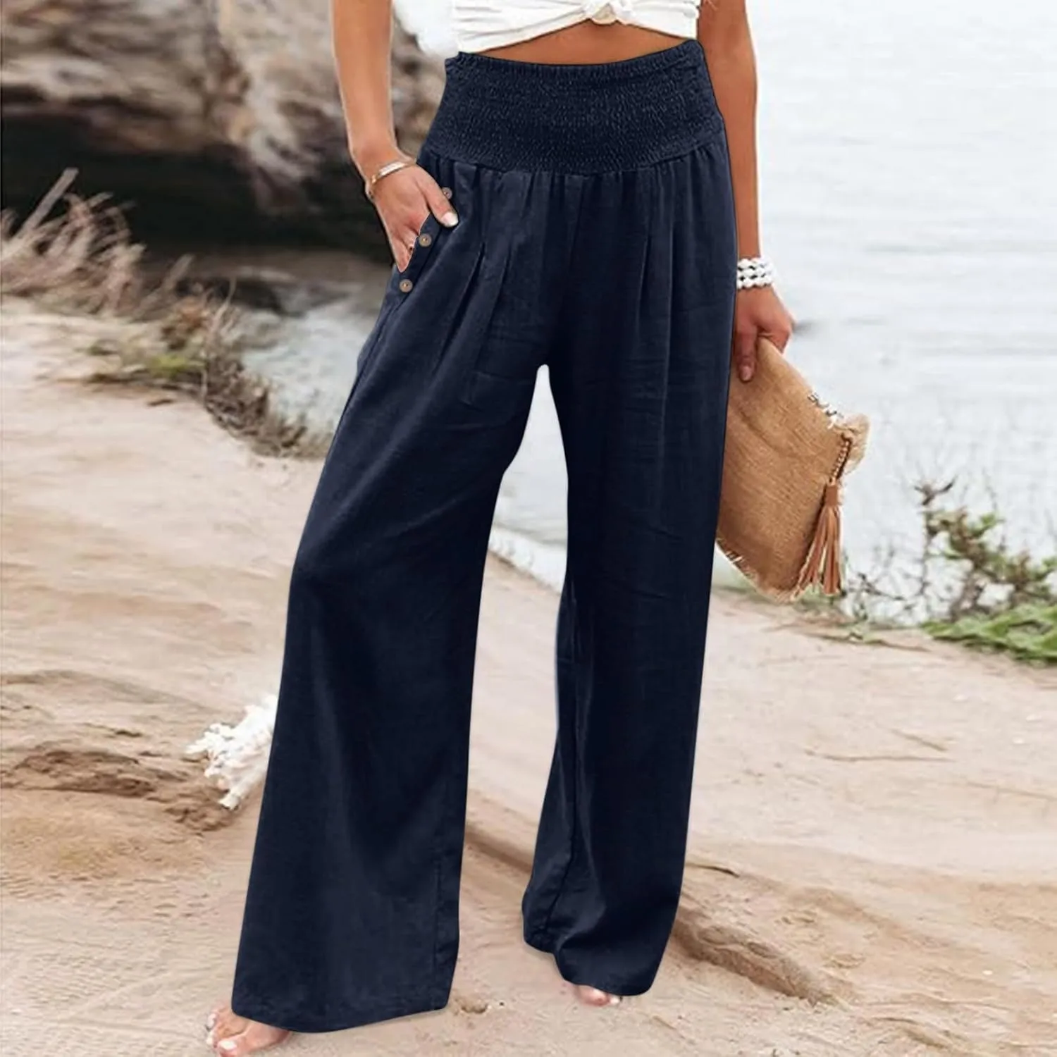 Womens Linen Summer Striped Palazzo Lounge Pants Low Waist Straight Loose Fit Trouser Trendy