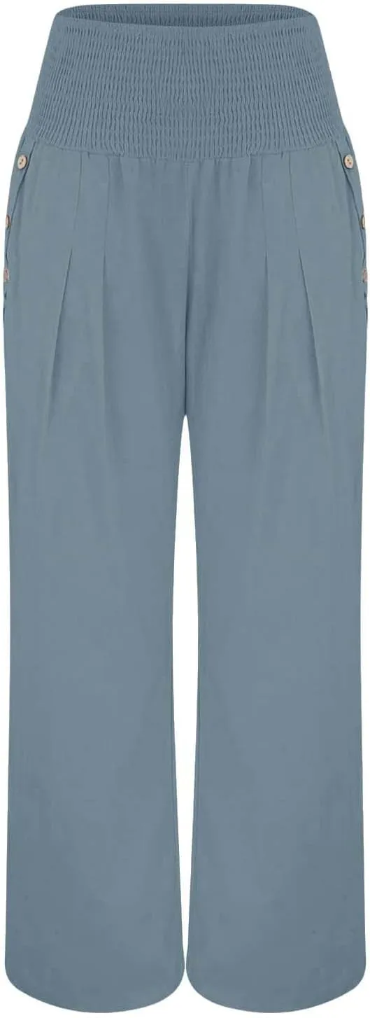Womens Linen Summer Striped Palazzo Lounge Pants Low Waist Straight Loose Fit Trouser Trendy
