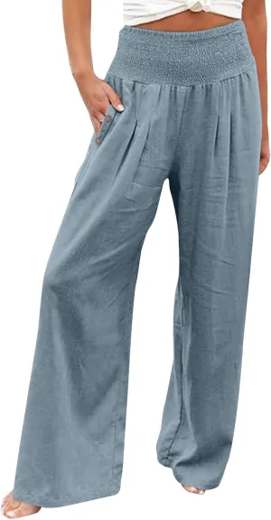 Womens Linen Summer Striped Palazzo Lounge Pants Low Waist Straight Loose Fit Trouser Trendy
