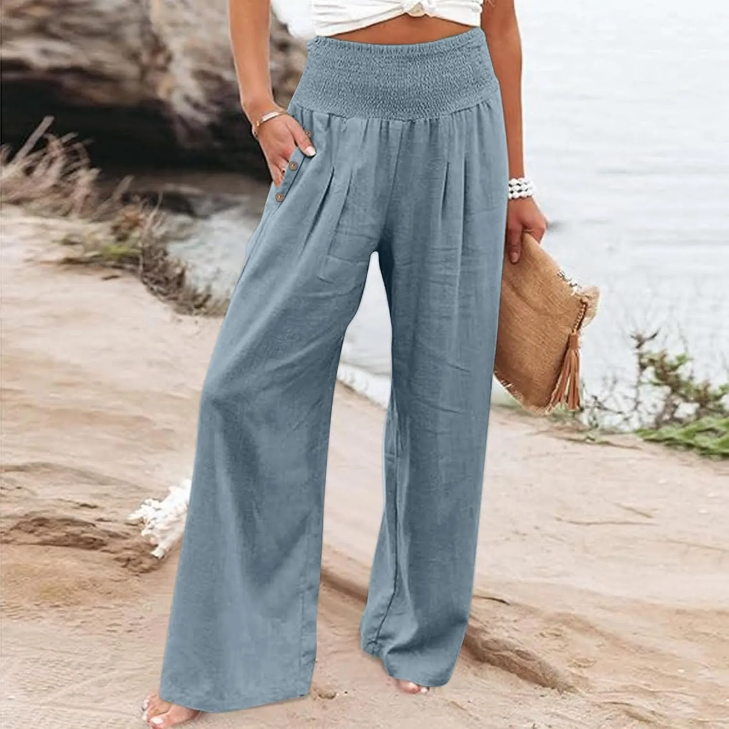 Womens Linen Summer Striped Palazzo Lounge Pants Low Waist Straight Loose Fit Trouser Trendy