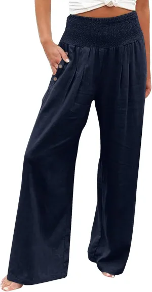 Womens Linen Summer Striped Palazzo Lounge Pants Low Waist Straight Loose Fit Trouser Trendy