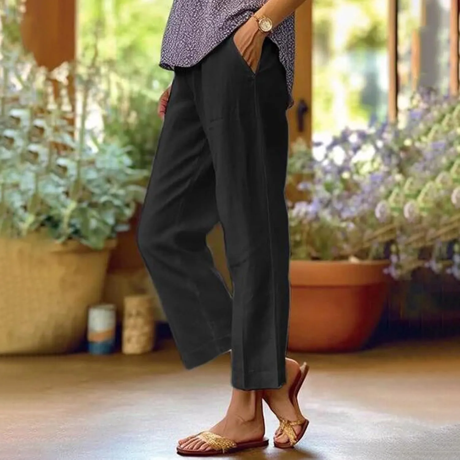 Womens Linen Summer Tie Knot Palazzo Pants Elastic Waisted Long Lounge Slim-Fit Palazzo Lounge Pants Office