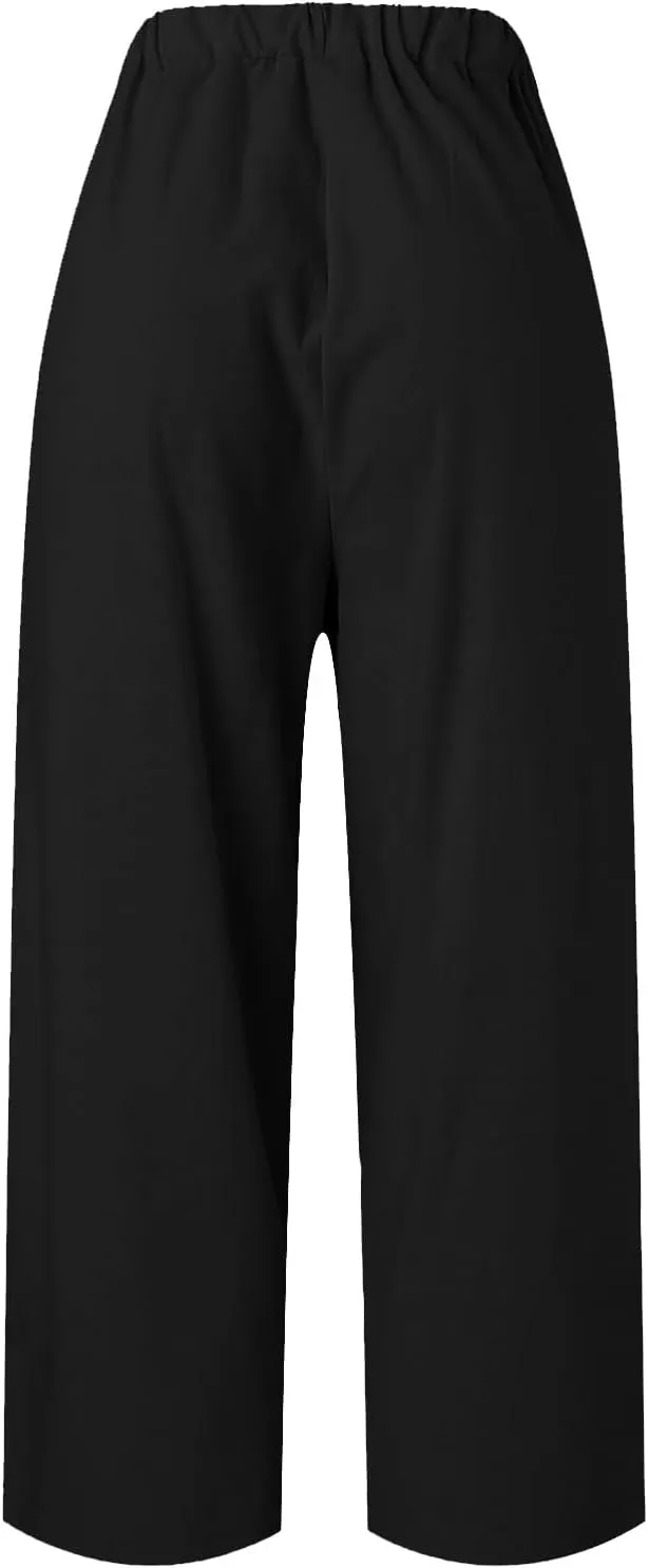 Womens Linen Summer Tie Knot Palazzo Pants Elastic Waisted Long Lounge Slim-Fit Palazzo Lounge Pants Office
