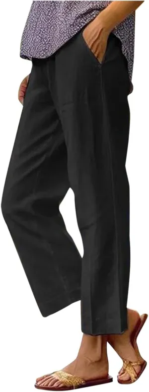 Womens Linen Summer Tie Knot Palazzo Pants Elastic Waisted Long Lounge Slim-Fit Palazzo Lounge Pants Office