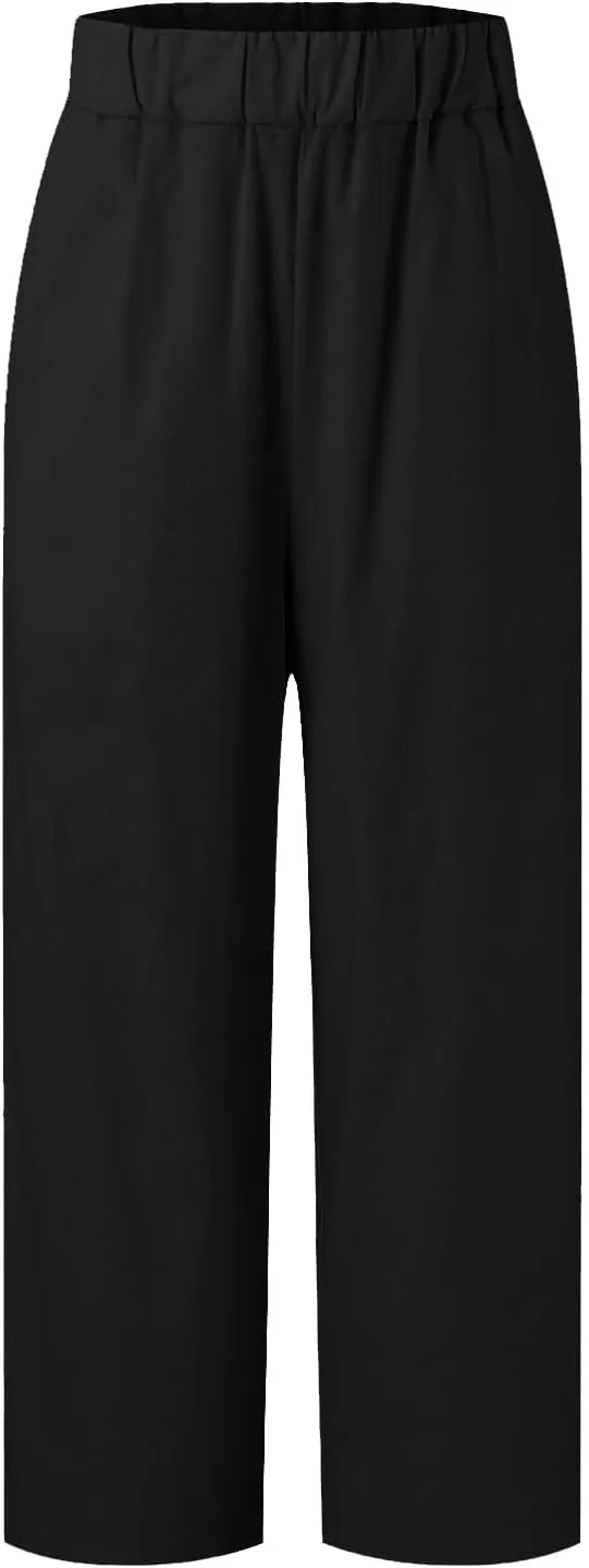 Womens Linen Summer Tie Knot Palazzo Pants Elastic Waisted Long Lounge Slim-Fit Palazzo Lounge Pants Office