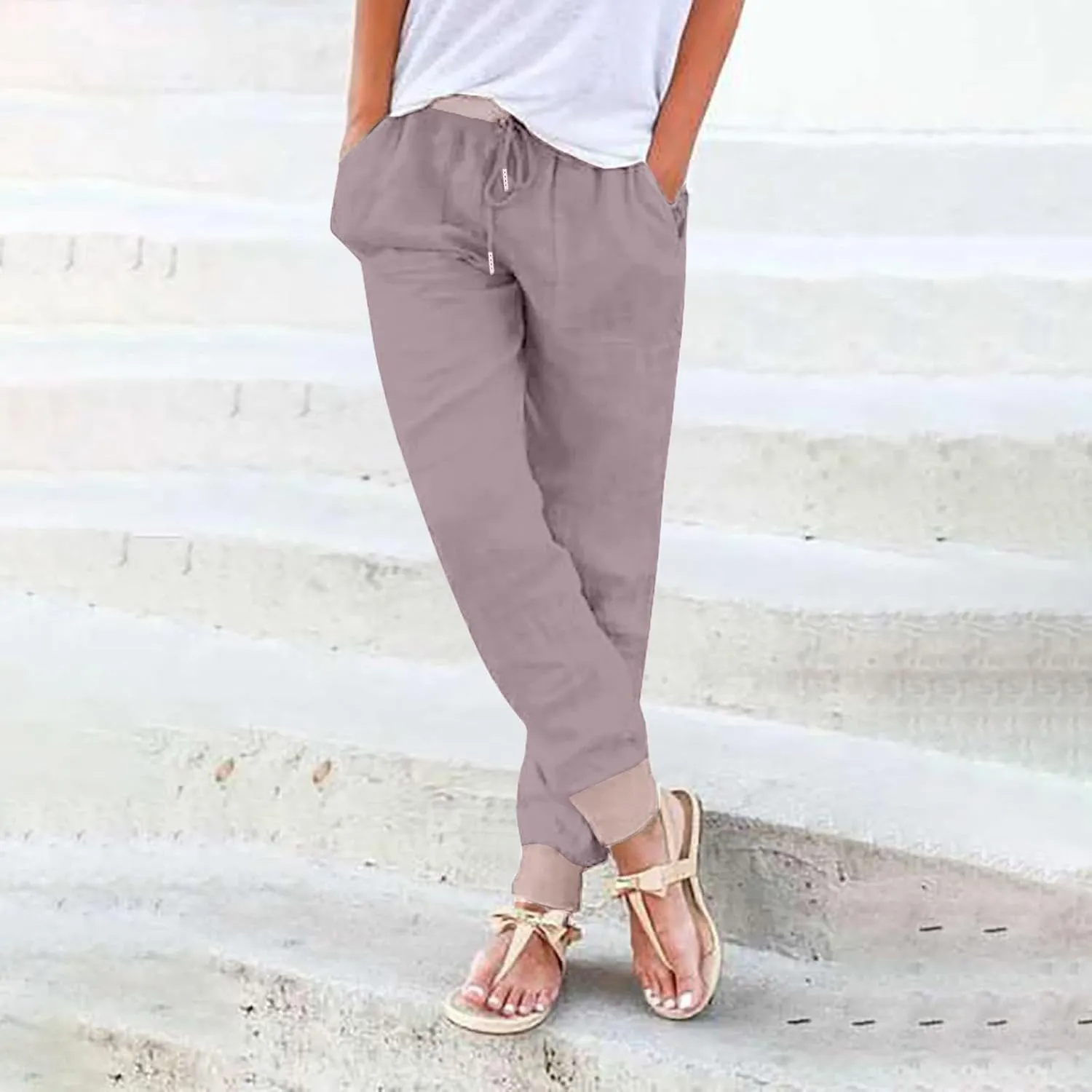Womens Linen Summer Y2K Fashion Palazzo Pants High Waist Straight Loose Fit Palazzo Pants Vacation