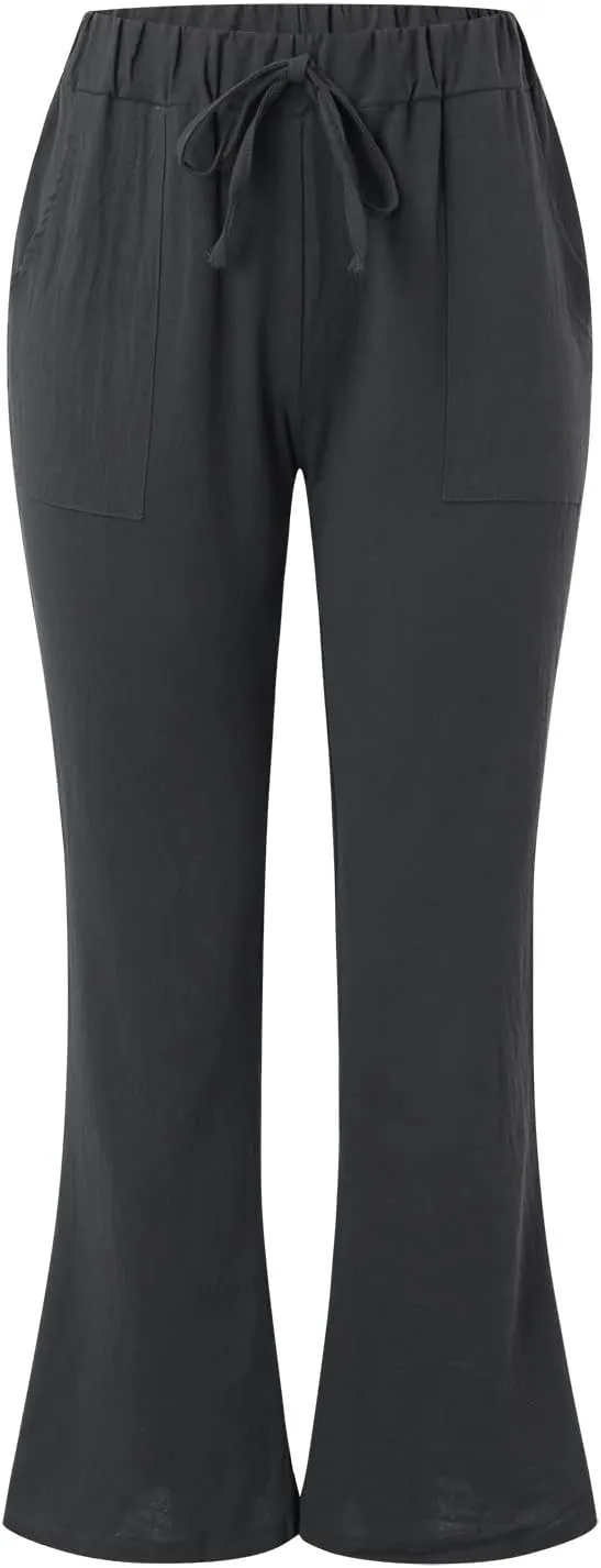 Womens Linen Summer Y2K Streetwear Palazzo Lounge Pants Low Waist Baggy Stretchy Loose Fit Trouser Business Work