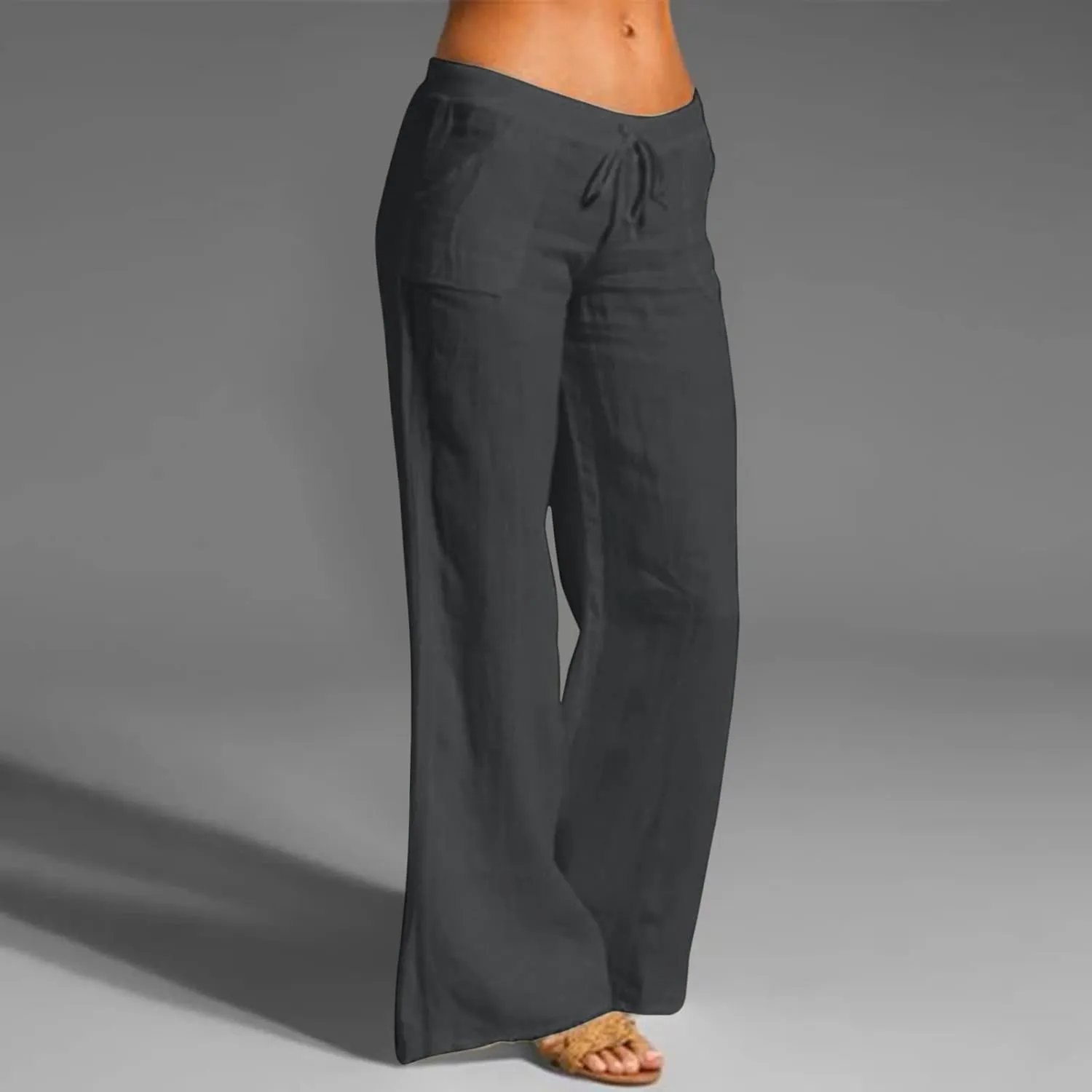 Womens Linen Summer Y2K Streetwear Palazzo Lounge Pants Low Waist Baggy Stretchy Loose Fit Trouser Business Work