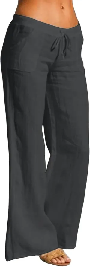 Womens Linen Summer Y2K Streetwear Palazzo Lounge Pants Low Waist Baggy Stretchy Loose Fit Trouser Business Work
