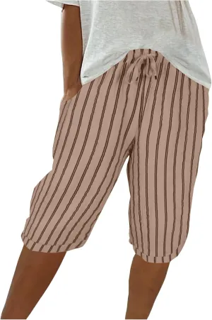 Womens Linen Wide Leg Pants Loose High Waisted Drawstring Baggy Beach Trousers Casual Bermuda Shorts with Pockets
