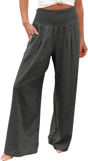 Womens Palazzo Pants Casual Smocked Elastic High Waist Wide Leg Trousers Summer Beach Pants Flowy Linen Lounge Pants