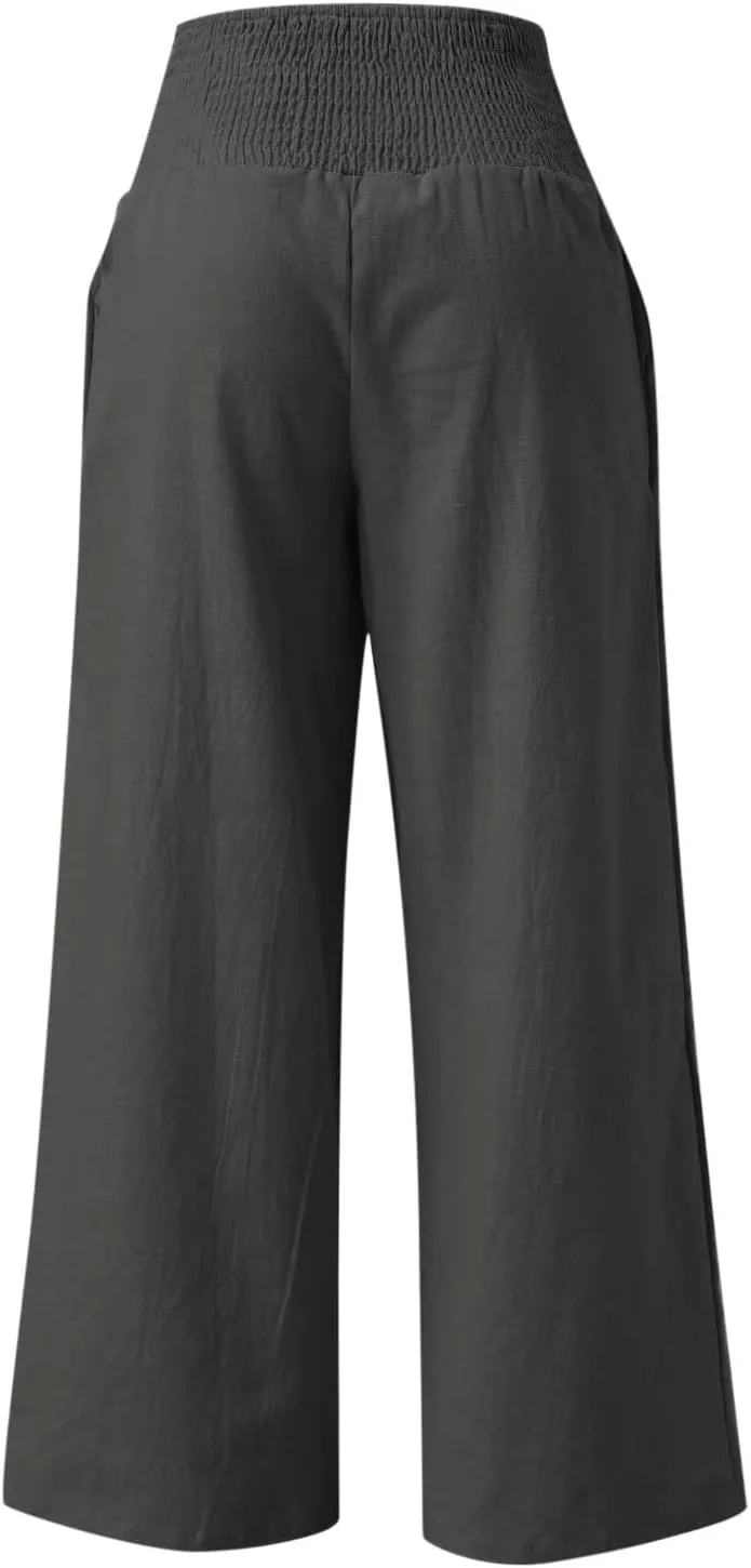 Womens Palazzo Pants Casual Smocked Elastic High Waist Wide Leg Trousers Summer Beach Pants Flowy Linen Lounge Pants