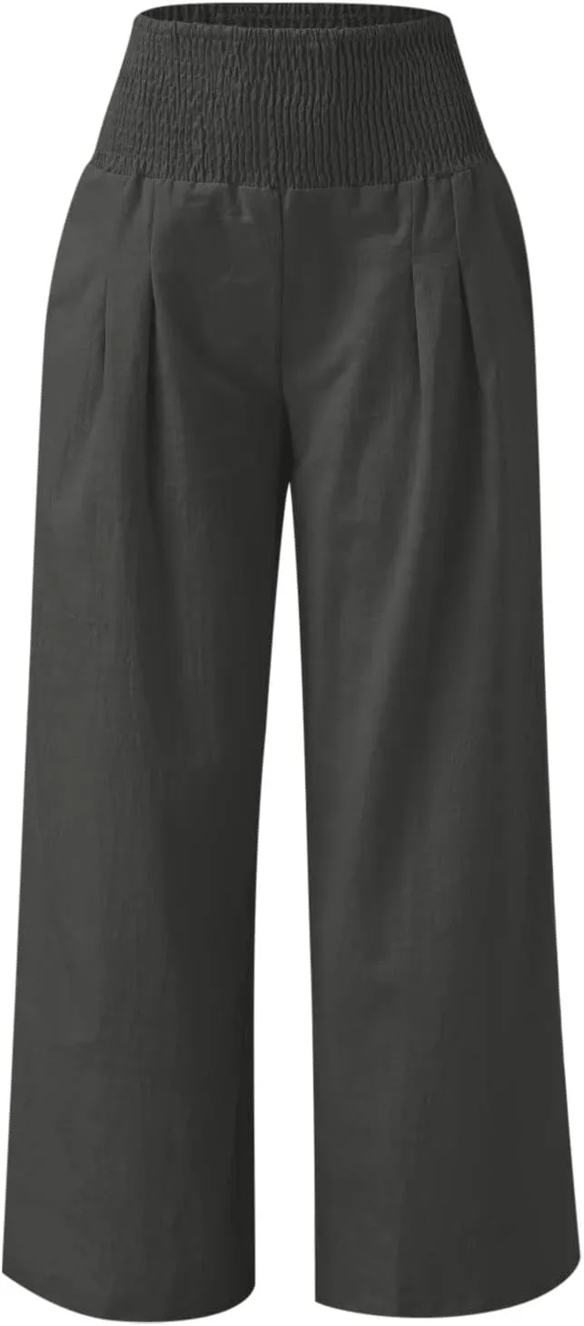 Womens Palazzo Pants Casual Smocked Elastic High Waist Wide Leg Trousers Summer Beach Pants Flowy Linen Lounge Pants