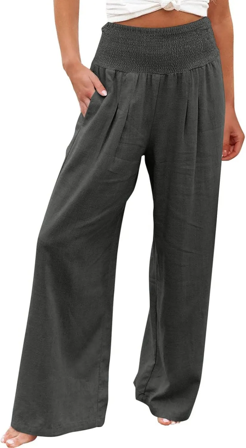 Womens Palazzo Pants Casual Smocked Elastic High Waist Wide Leg Trousers Summer Beach Pants Flowy Linen Lounge Pants