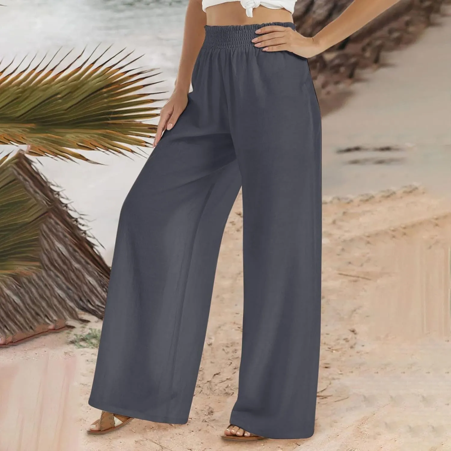 Women's Pants Casual Dressy Straight Leg Pants Fashion High Waist Button Down Stretchy Work Pant Trousers with Pockets