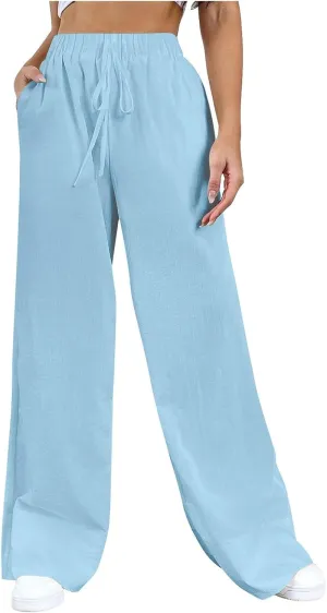 Women's Pants, High Waisted Wide Leg Cotton Linen Pants Straight Sweatpants Lounge