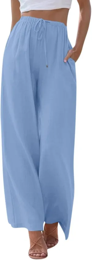 Women's Pants, Linen Pants Wide Leg Straight High Waisted Cotton Summer Lounge