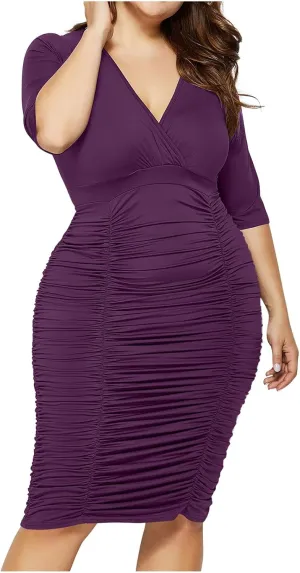 Womens Plus Size Sexy Bodycon Dress Half Sleeve Wrap V Neck Ruched Stretch Midi Dresses Cocktail Party Formal Dresses