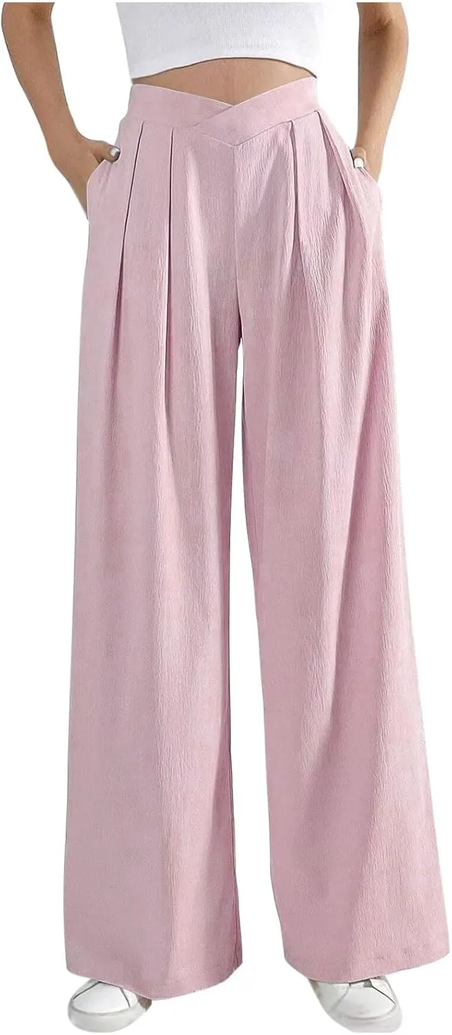 Womens Plus Size Wide Leg Pants Crossover Waist Pleated Front Work Business Casual Pant Lounge Slacks Trouser Pockets