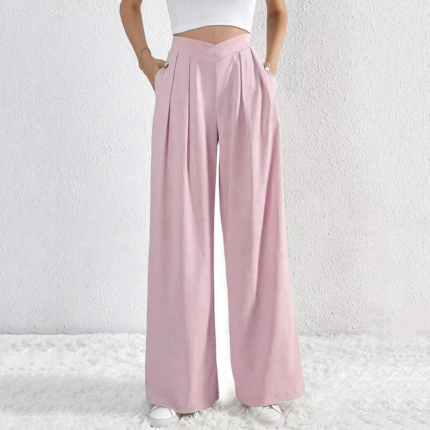 Womens Plus Size Wide Leg Pants Crossover Waist Pleated Front Work Business Casual Pant Lounge Slacks Trouser Pockets
