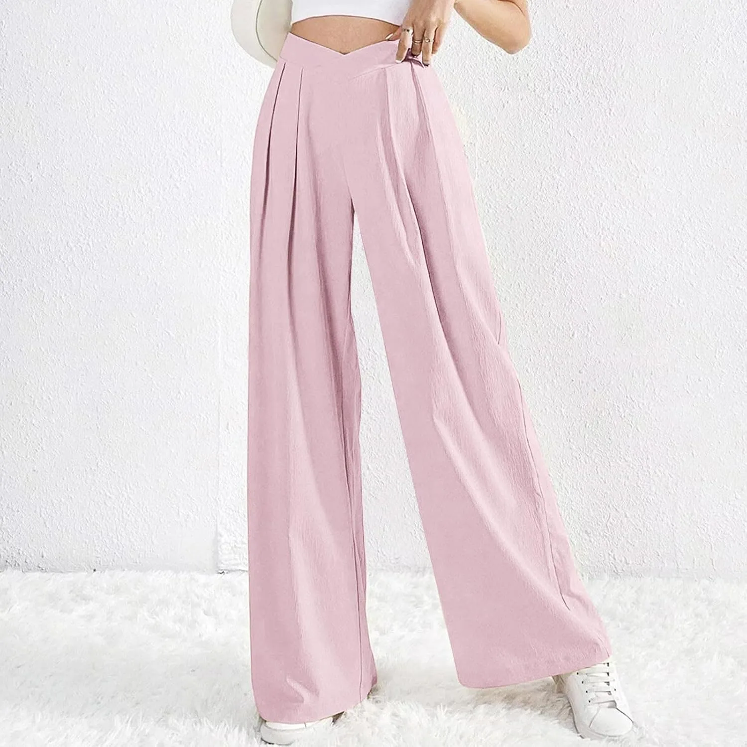 Womens Plus Size Wide Leg Pants Crossover Waist Pleated Front Work Business Casual Pant Lounge Slacks Trouser Pockets