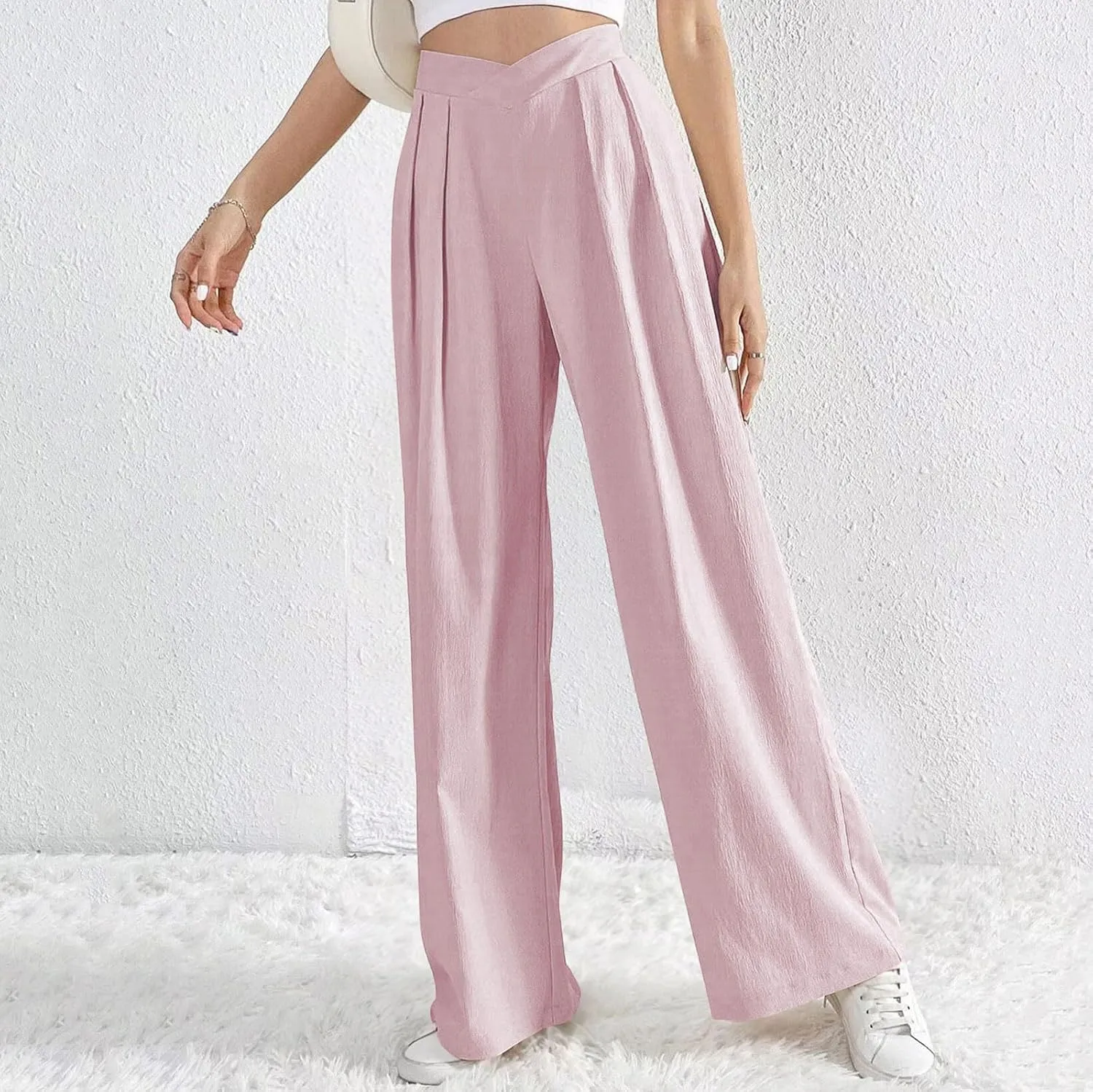 Womens Plus Size Wide Leg Pants Crossover Waist Pleated Front Work Business Casual Pant Lounge Slacks Trouser Pockets