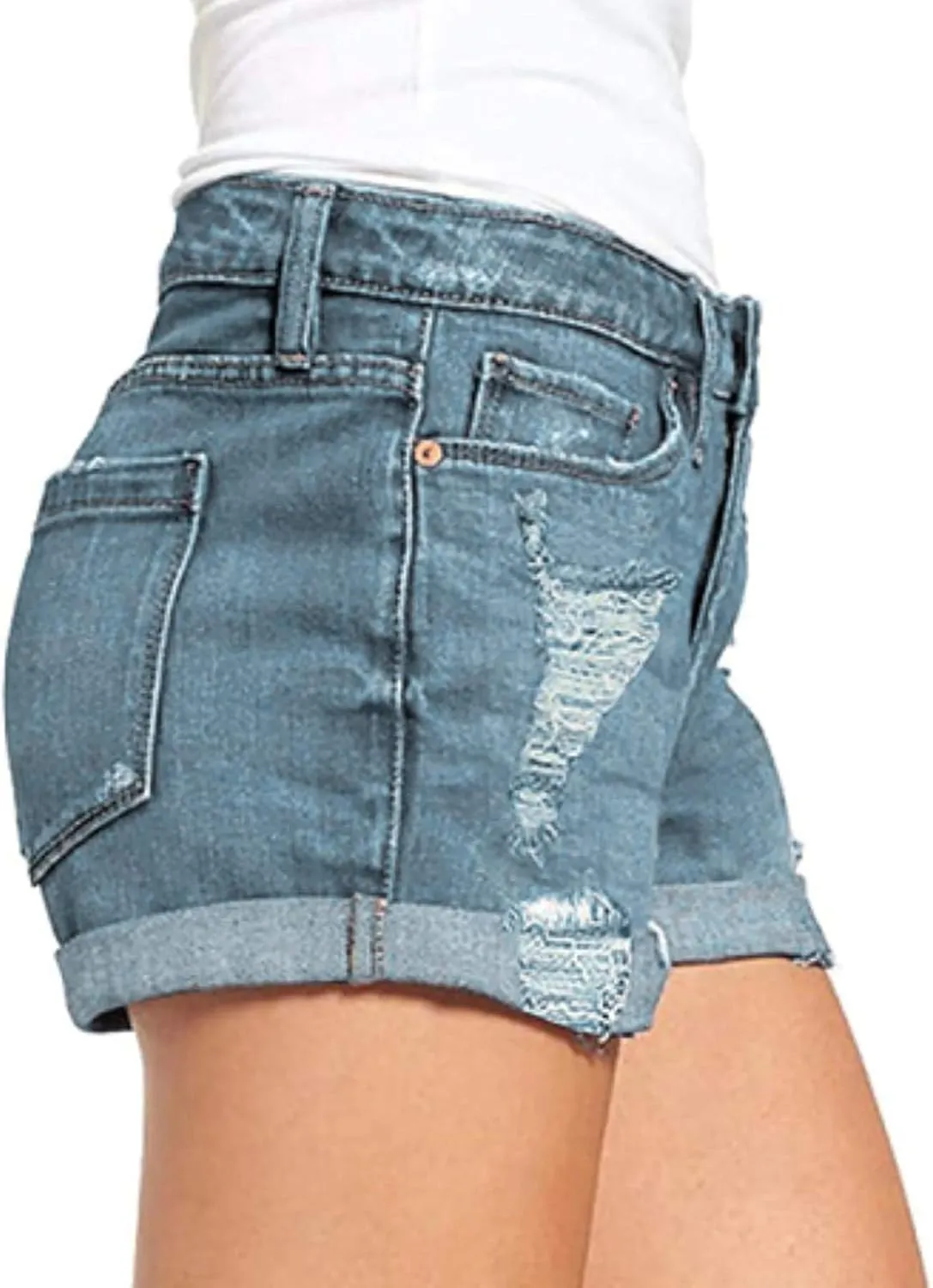 Women's Ripped Denim Jean Shorts High Waisted Stretchy Folded Hem Short Jeans Mid Rise Summer Casual Baggy Shorts