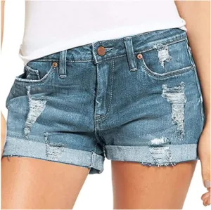 Women's Ripped Denim Jean Shorts High Waisted Stretchy Folded Hem Short Jeans Mid Rise Summer Casual Baggy Shorts