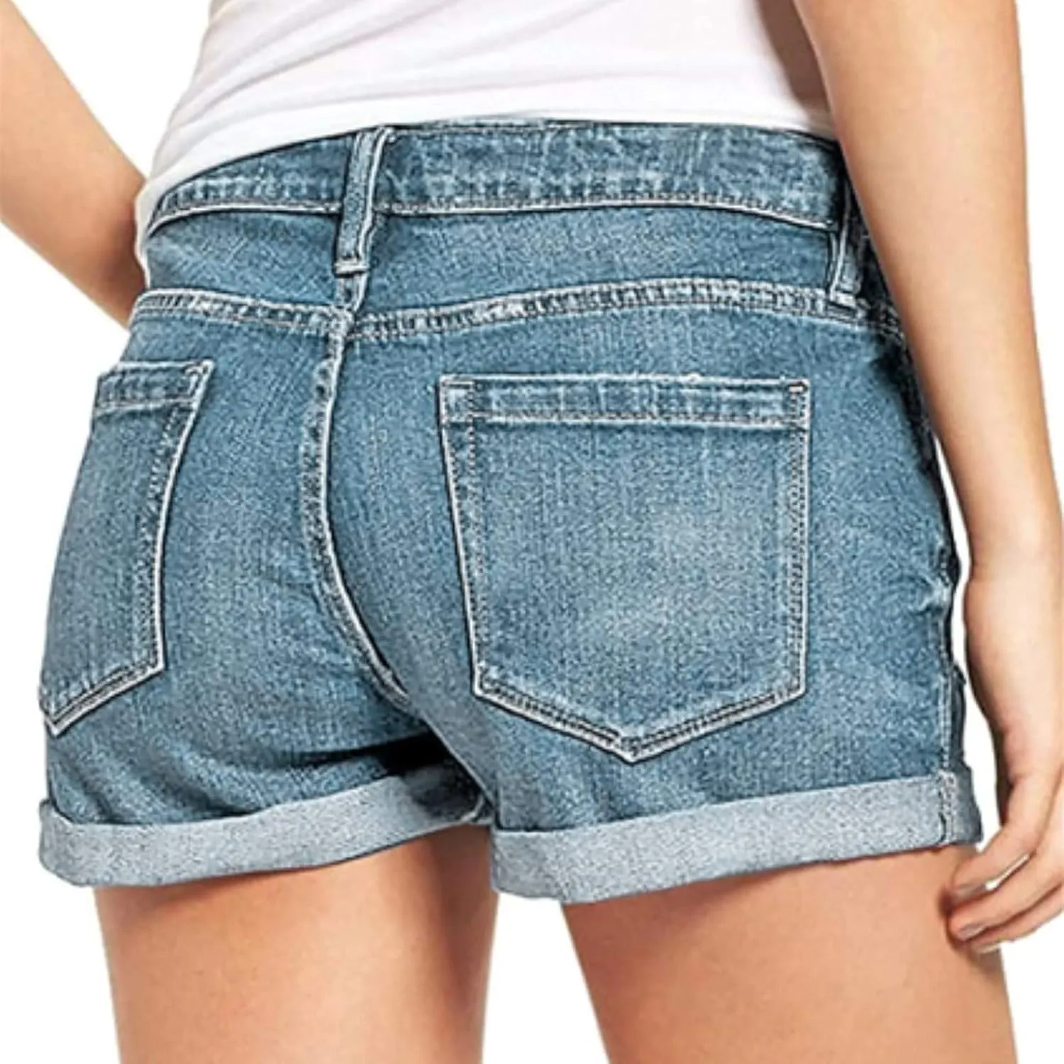 Women's Ripped Denim Jean Shorts High Waisted Stretchy Folded Hem Short Jeans Mid Rise Summer Casual Baggy Shorts