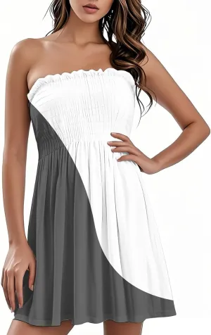 Women's Summer Dresses Sun Strapless Tube Short Dress Casual Mini Beach Cover Up High Waist Mini Sundress