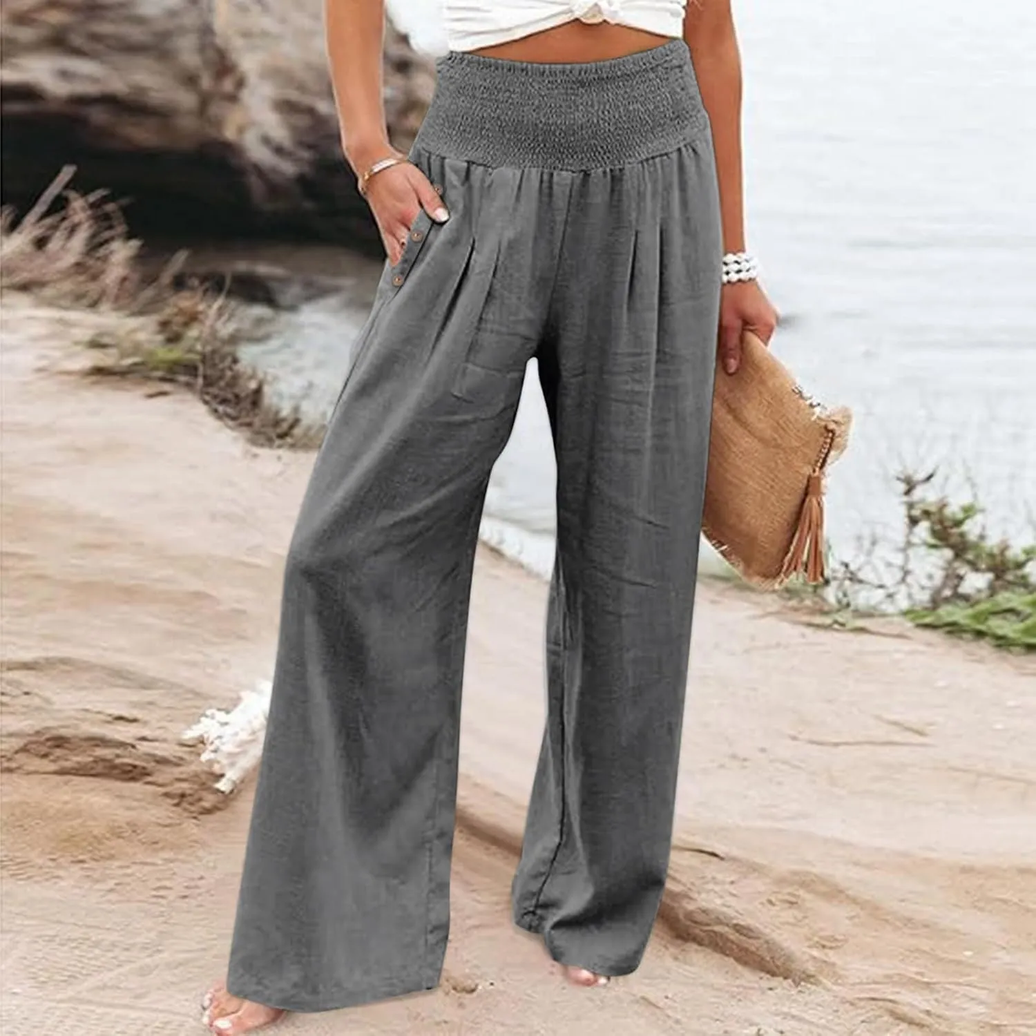 Women's Summer High Waisted Cotton Linen Pants with Pockets Wide Leg Long Lounge Palazzo Pants Loose Flowy Trousers