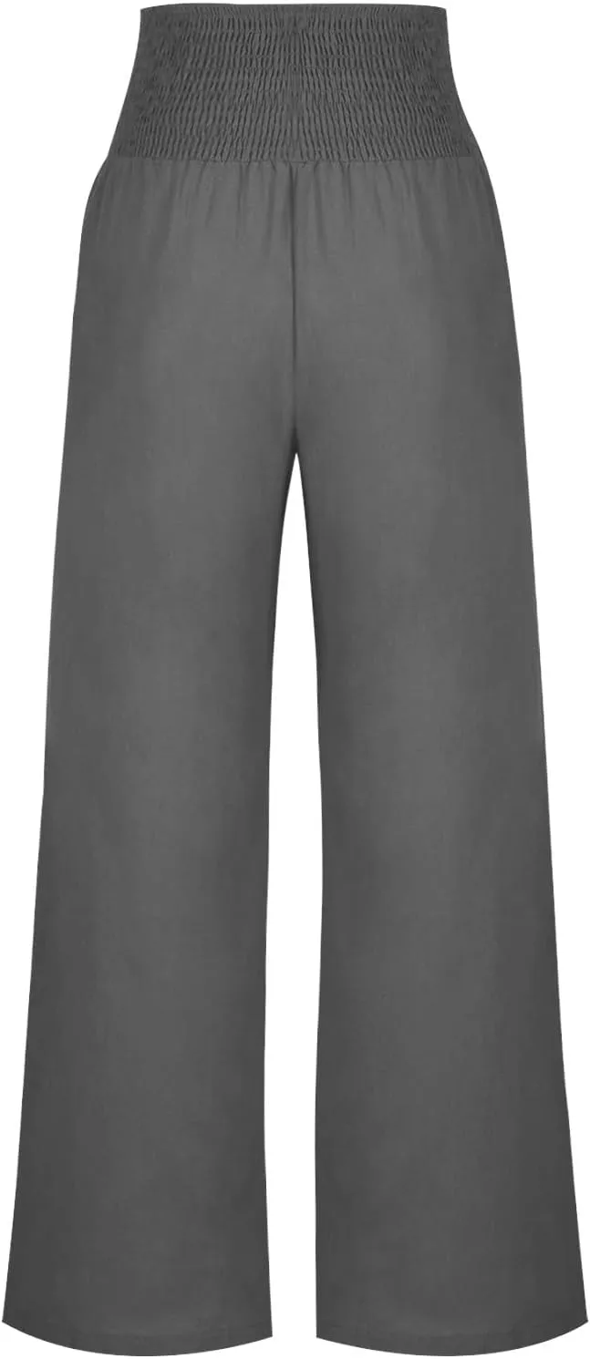 Women's Summer High Waisted Cotton Linen Pants with Pockets Wide Leg Long Lounge Palazzo Pants Loose Flowy Trousers