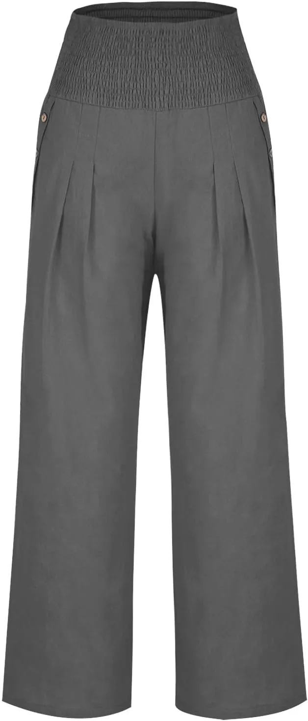 Women's Summer High Waisted Cotton Linen Pants with Pockets Wide Leg Long Lounge Palazzo Pants Loose Flowy Trousers