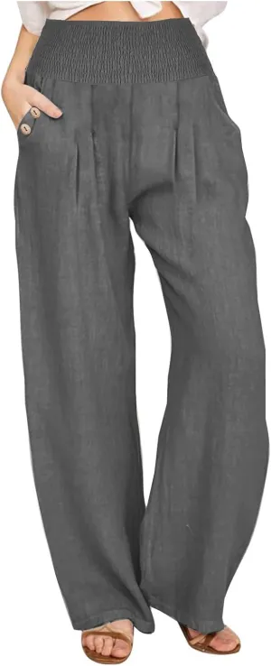 Women's Summer High Waisted Cotton Linen Pants with Pockets Wide Leg Long Lounge Palazzo Pants Loose Flowy Trousers