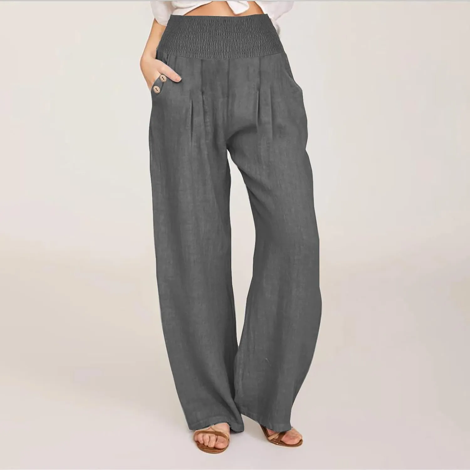 Women's Summer High Waisted Cotton Linen Pants with Pockets Wide Leg Long Lounge Palazzo Pants Loose Flowy Trousers