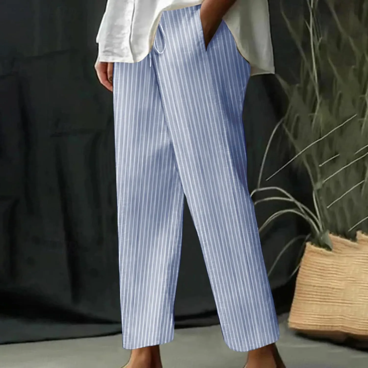Women's Summer Striped Casual Pants High Waisted Cotton Linen Pants Drawstring Side Pockets Elastic Waist Trousers