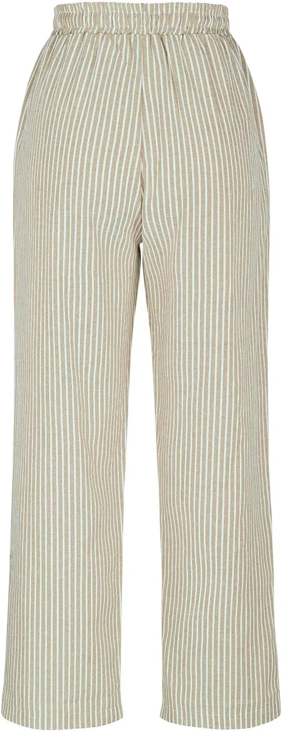Women's Summer Striped Casual Pants High Waisted Cotton Linen Pants Drawstring Side Pockets Elastic Waist Trousers