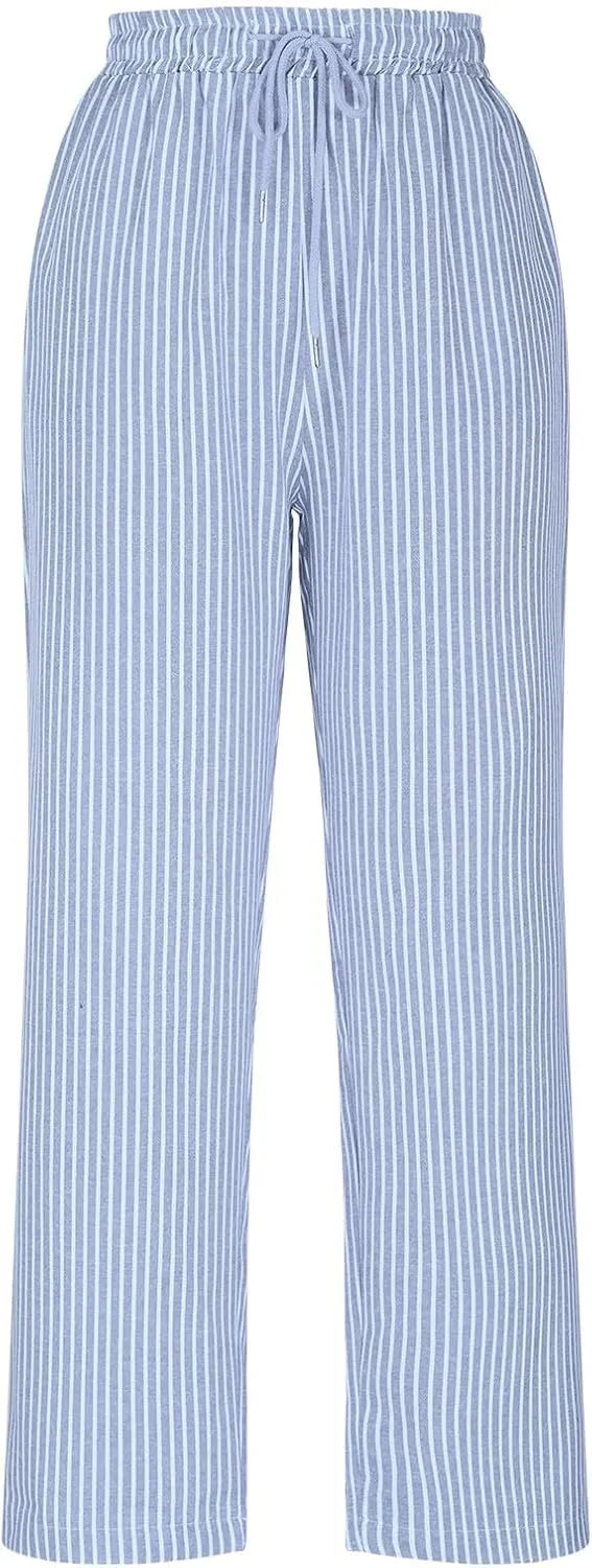 Women's Summer Striped Casual Pants High Waisted Cotton Linen Pants Drawstring Side Pockets Elastic Waist Trousers