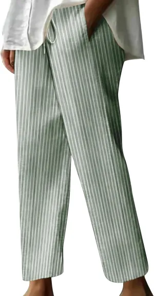 Women's Summer Striped Casual Pants High Waisted Cotton Linen Pants Drawstring Side Pockets Elastic Waist Trousers