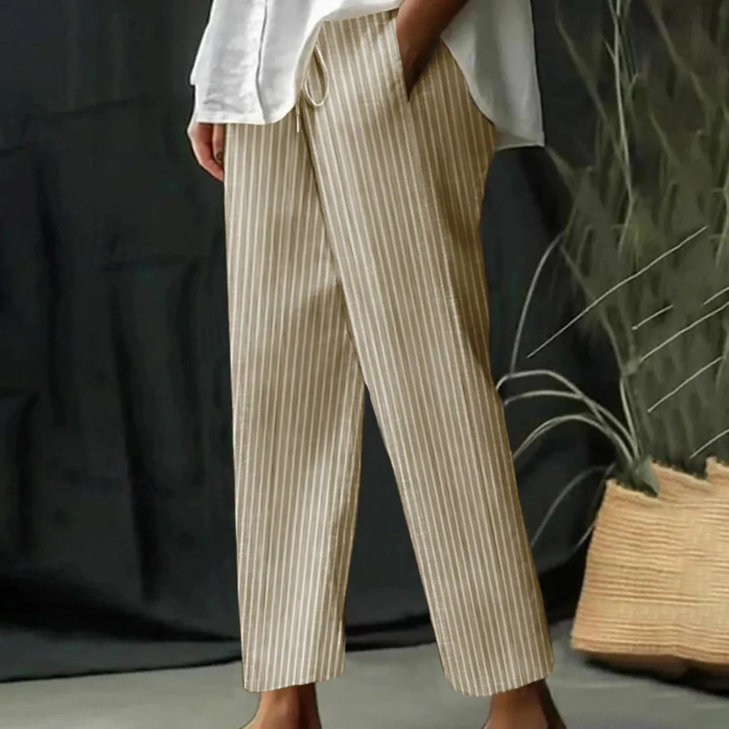 Women's Summer Striped Casual Pants High Waisted Cotton Linen Pants Drawstring Side Pockets Elastic Waist Trousers