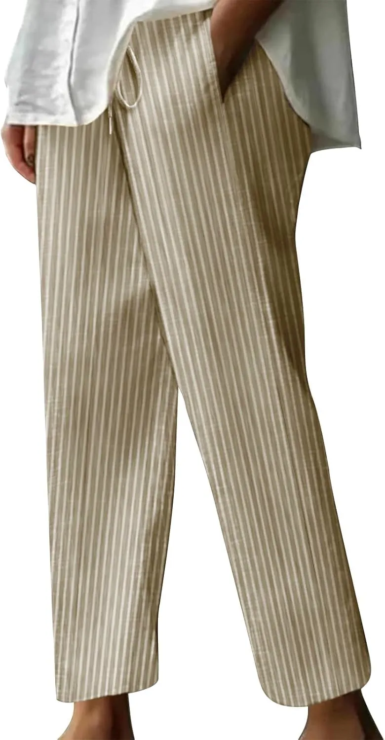 Women's Summer Striped Casual Pants High Waisted Cotton Linen Pants Drawstring Side Pockets Elastic Waist Trousers