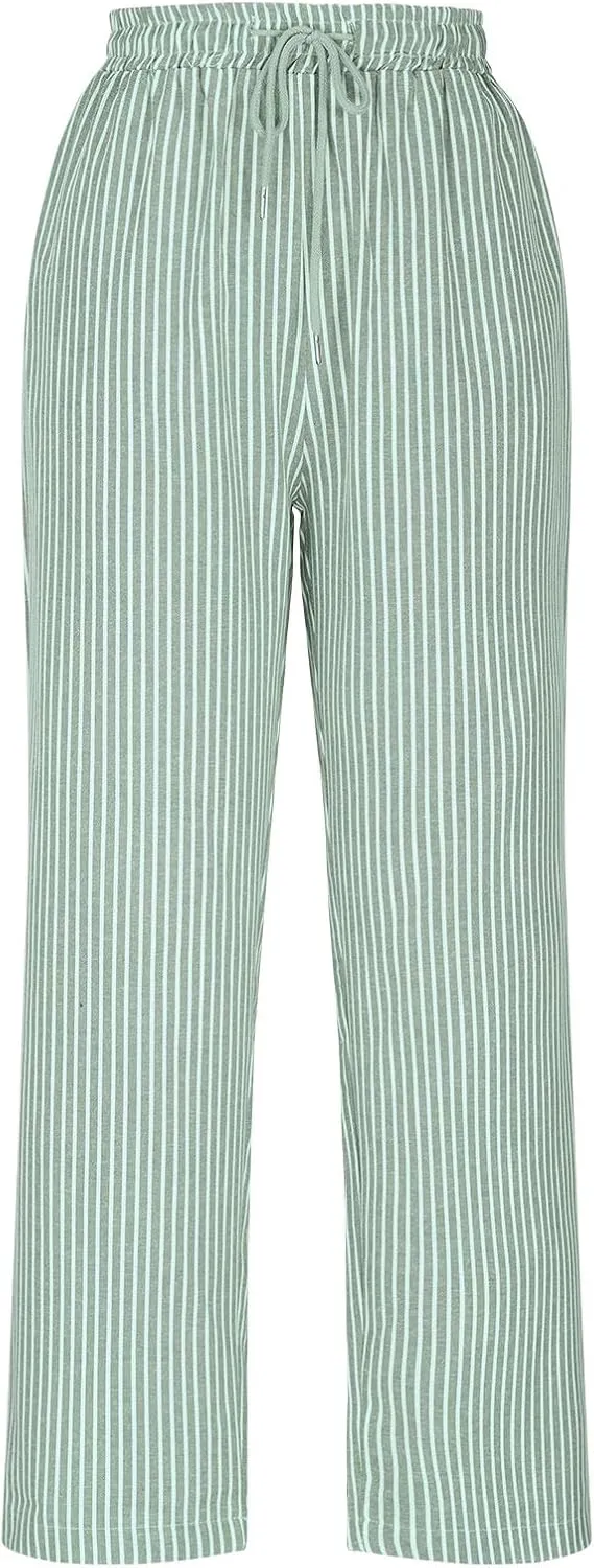 Women's Summer Striped Casual Pants High Waisted Cotton Linen Pants Drawstring Side Pockets Elastic Waist Trousers