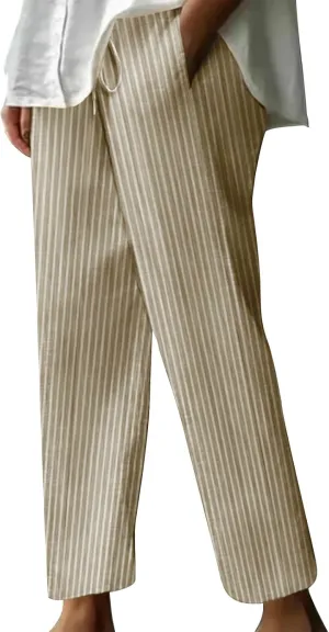 Women's Summer Striped Casual Pants High Waisted Cotton Linen Pants Drawstring Side Pockets Elastic Waist Trousers