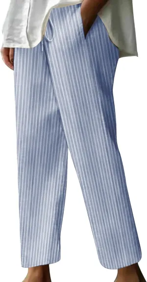 Women's Summer Striped Casual Pants High Waisted Cotton Linen Pants Drawstring Side Pockets Elastic Waist Trousers