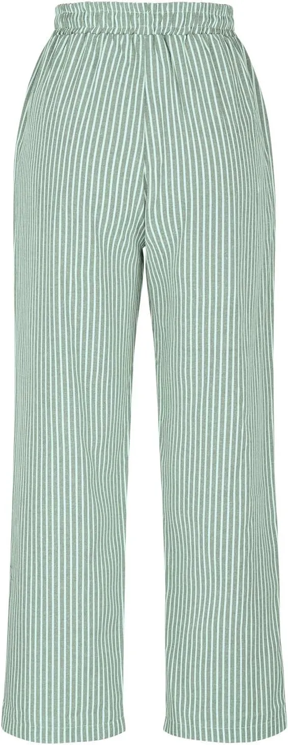 Women's Summer Striped Casual Pants High Waisted Cotton Linen Pants Drawstring Side Pockets Elastic Waist Trousers
