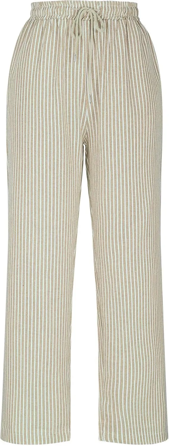 Women's Summer Striped Casual Pants High Waisted Cotton Linen Pants Drawstring Side Pockets Elastic Waist Trousers